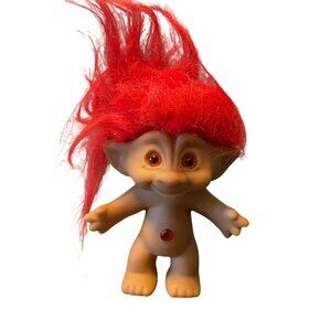 Vintage Ace Novelty Troll Doll With Wild Red Hair & Red Gem Belly Button 4"